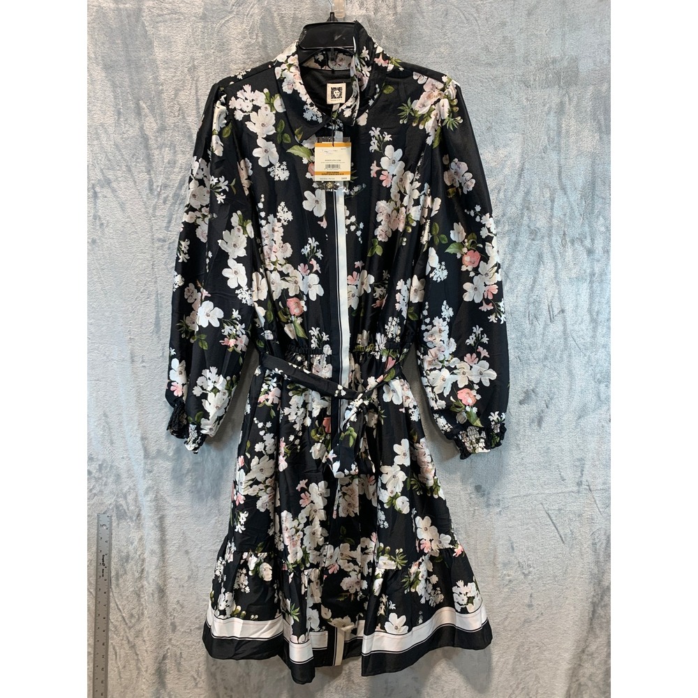 Anne Klein Women 16W Black Floral Shirt Dress Long Sleeve Belted Ruffle Hem NEW